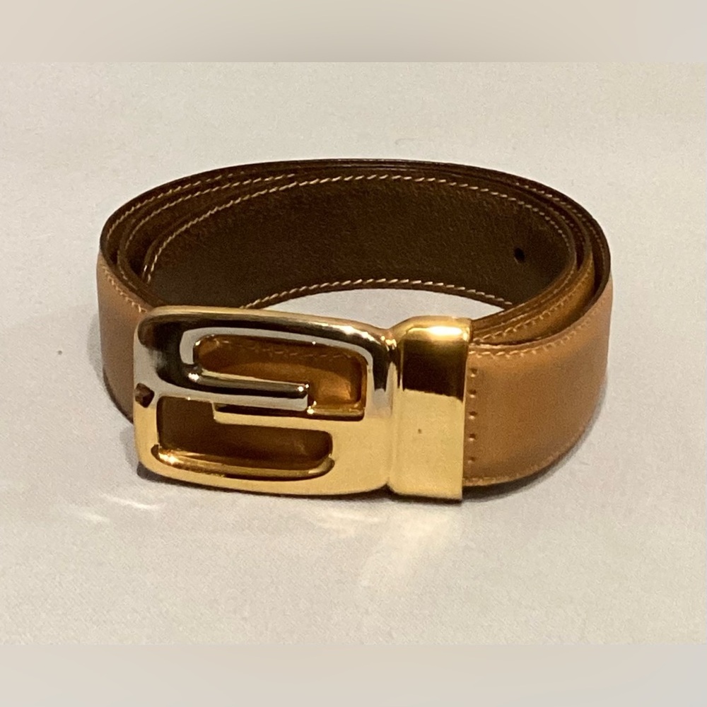 Gucci Parfums Italy Mod. Brev. Vintage Tan Leather Belt GG Two Tone Hardware